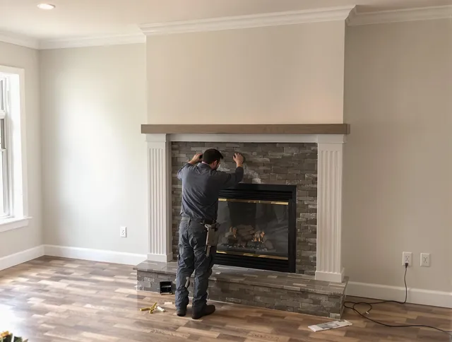 Mint Hill Chimney Sweep finishing a custom fireplace install in Mint Hill, NC